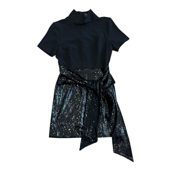 Toccin NY Black Sequin Tie Front Mock Neck Mini Dress 8 - Picture 2 of 6
